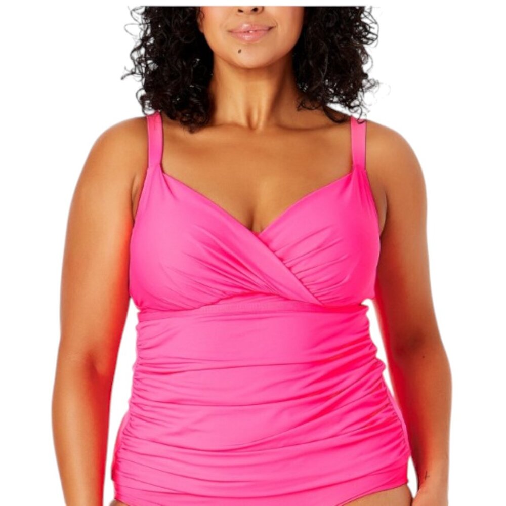 NWT Anne Cole Surplice-Neck Ruched Tankini  Top - Pink Punch